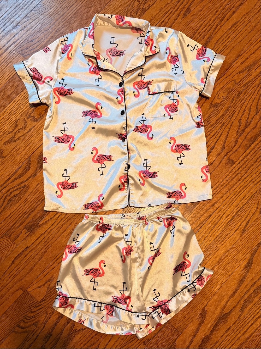 SHEIN Pink Flamingo Satin Pajama Set - Short Sleeve Top & Shorts - Size Large